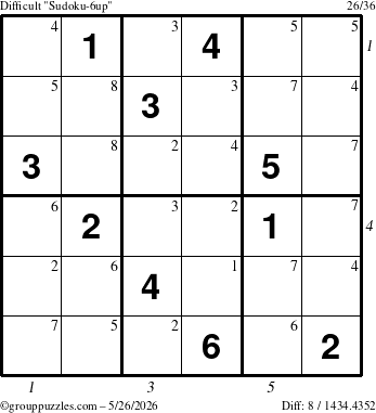 The grouppuzzles.com Difficult Sudoku-6up puzzle for Tuesday May 26, 2026 with all 8 steps marked