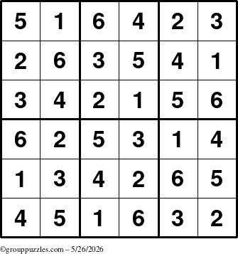 The grouppuzzles.com Answer grid for the Sudoku-6up puzzle for Tuesday May 26, 2026