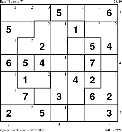 The grouppuzzles.com Easy Sudoku-7 puzzle for Tuesday May 26, 2026 with all 3 steps marked