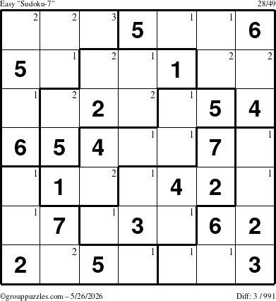 The grouppuzzles.com Easy Sudoku-7 puzzle for Tuesday May 26, 2026 with the first 3 steps marked