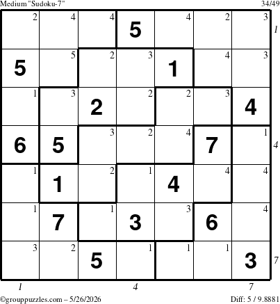 The grouppuzzles.com Medium Sudoku-7 puzzle for Tuesday May 26, 2026 with all 5 steps marked