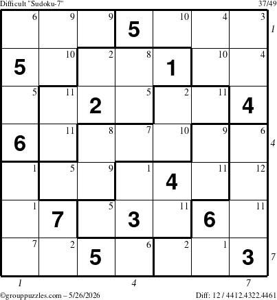 The grouppuzzles.com Difficult Sudoku-7 puzzle for Tuesday May 26, 2026, suitable for printing, with all 12 steps marked