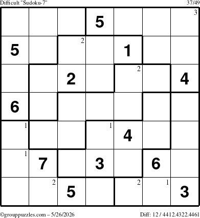 The grouppuzzles.com Difficult Sudoku-7 puzzle for Tuesday May 26, 2026 with the first 3 steps marked