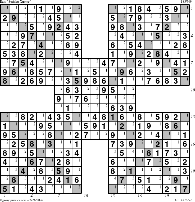 The grouppuzzles.com Easy Sudoku-Xtreme puzzle for Tuesday May 26, 2026, suitable for printing, with all 4 steps marked