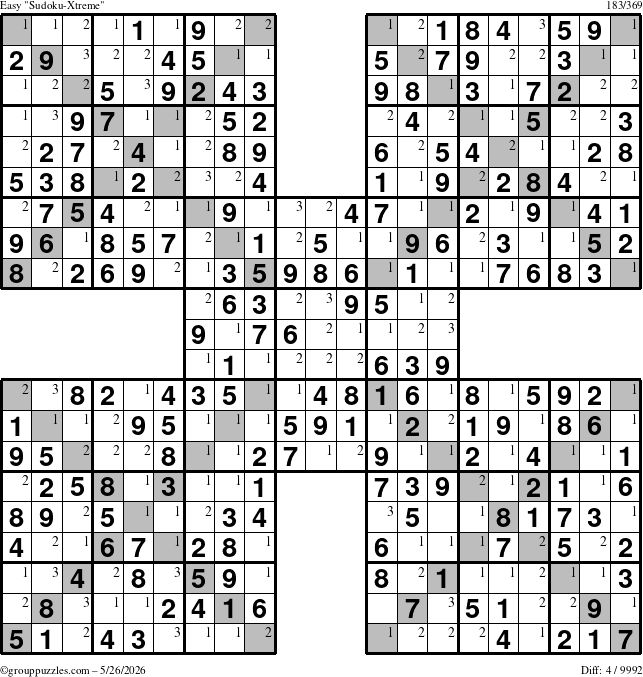 The grouppuzzles.com Easy Sudoku-Xtreme puzzle for Tuesday May 26, 2026 with the first 3 steps marked