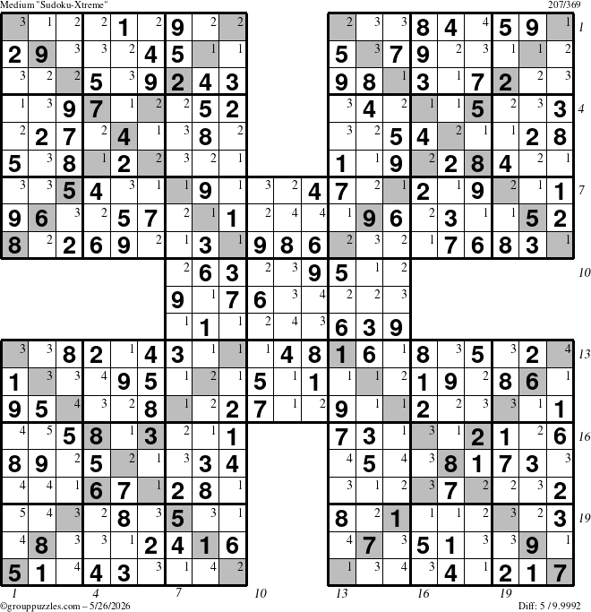 The grouppuzzles.com Medium Sudoku-Xtreme puzzle for Tuesday May 26, 2026 with all 5 steps marked