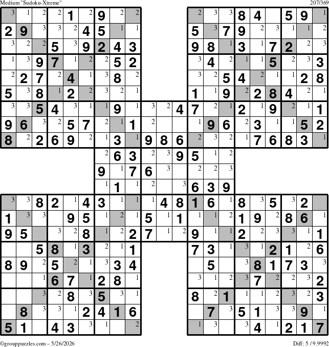 The grouppuzzles.com Medium Sudoku-Xtreme puzzle for Tuesday May 26, 2026 with the first 3 steps marked