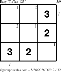 The grouppuzzles.com Easy TicTac-123 puzzle for Tuesday May 26, 2026 with all 2 steps marked