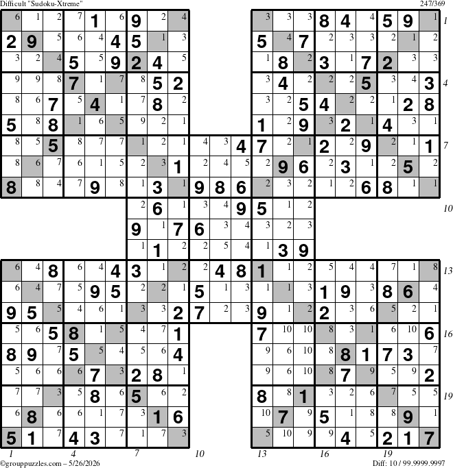 The grouppuzzles.com Difficult Sudoku-Xtreme puzzle for Tuesday May 26, 2026, suitable for printing, with all 10 steps marked