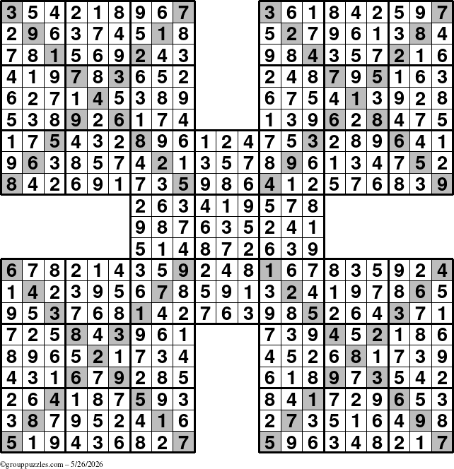 The grouppuzzles.com Answer grid for the Sudoku-Xtreme puzzle for Tuesday May 26, 2026