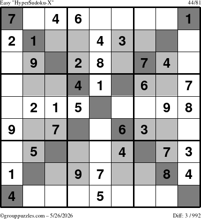 The grouppuzzles.com Easy HyperSudoku-X puzzle for Tuesday May 26, 2026
