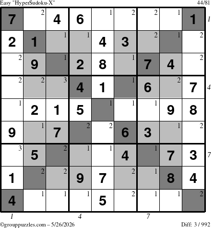 The grouppuzzles.com Easy HyperSudoku-X puzzle for Tuesday May 26, 2026, suitable for printing, with all 3 steps marked