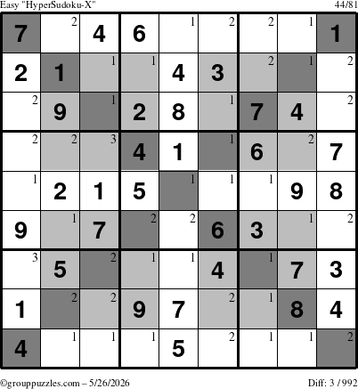 The grouppuzzles.com Easy HyperSudoku-X puzzle for Tuesday May 26, 2026 with the first 3 steps marked