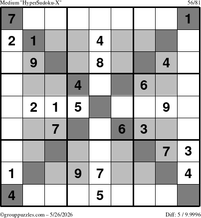 The grouppuzzles.com Medium HyperSudoku-X puzzle for Tuesday May 26, 2026