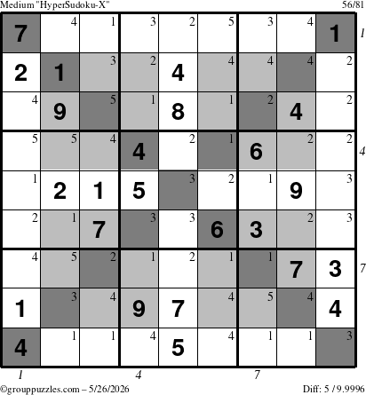 The grouppuzzles.com Medium HyperSudoku-X puzzle for Tuesday May 26, 2026, suitable for printing, with all 5 steps marked