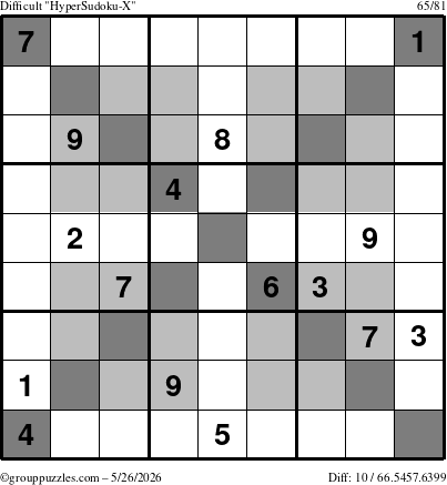 The grouppuzzles.com Difficult HyperSudoku-X puzzle for Tuesday May 26, 2026