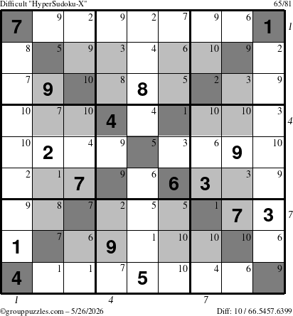 The grouppuzzles.com Difficult HyperSudoku-X puzzle for Tuesday May 26, 2026, suitable for printing, with all 10 steps marked