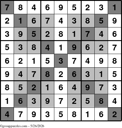 The grouppuzzles.com Answer grid for the HyperSudoku-X puzzle for Tuesday May 26, 2026