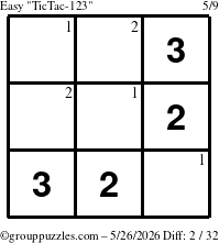 The grouppuzzles.com Easy TicTac-123 puzzle for Tuesday May 26, 2026 with the first 2 steps marked