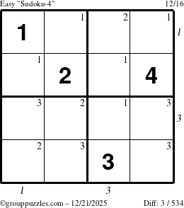 The grouppuzzles.com Easy Sudoku-4 puzzle for Sunday December 21, 2025 with all 3 steps marked
