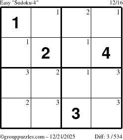 The grouppuzzles.com Easy Sudoku-4 puzzle for Sunday December 21, 2025 with the first 3 steps marked