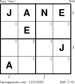 The grouppuzzles.com Easy Jane puzzle for Sunday December 21, 2025 with all 2 steps marked