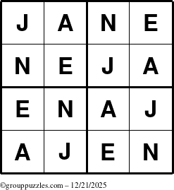 The grouppuzzles.com Answer grid for the Jane puzzle for Sunday December 21, 2025
