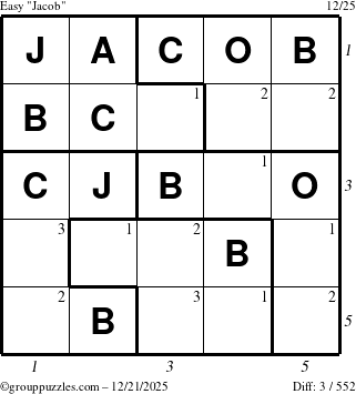The grouppuzzles.com Easy Jacob puzzle for Sunday December 21, 2025, suitable for printing, with all 3 steps marked