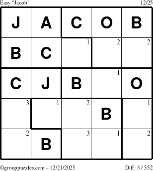 The grouppuzzles.com Easy Jacob puzzle for Sunday December 21, 2025 with the first 3 steps marked