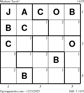 The grouppuzzles.com Medium Jacob puzzle for Sunday December 21, 2025 with all 3 steps marked