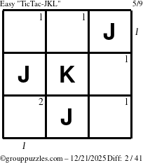 The grouppuzzles.com Easy TicTac-JKL puzzle for Sunday December 21, 2025, suitable for printing, with all 2 steps marked