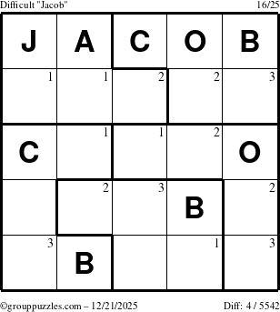 The grouppuzzles.com Difficult Jacob puzzle for Sunday December 21, 2025 with the first 3 steps marked
