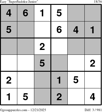 The grouppuzzles.com Easy SuperSudoku-Junior puzzle for Sunday December 21, 2025