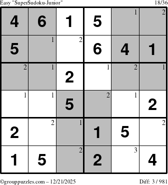 The grouppuzzles.com Easy SuperSudoku-Junior puzzle for Sunday December 21, 2025 with the first 3 steps marked