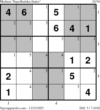 The grouppuzzles.com Medium SuperSudoku-Junior puzzle for Sunday December 21, 2025, suitable for printing, with all 5 steps marked