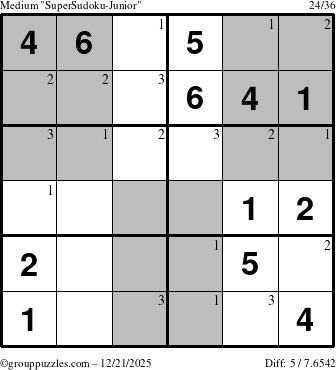 The grouppuzzles.com Medium SuperSudoku-Junior puzzle for Sunday December 21, 2025 with the first 3 steps marked