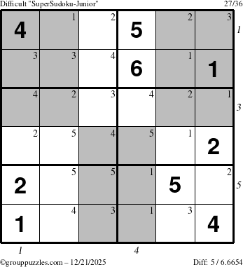 The grouppuzzles.com Difficult SuperSudoku-Junior puzzle for Sunday December 21, 2025 with all 5 steps marked