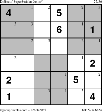 The grouppuzzles.com Difficult SuperSudoku-Junior puzzle for Sunday December 21, 2025 with the first 3 steps marked