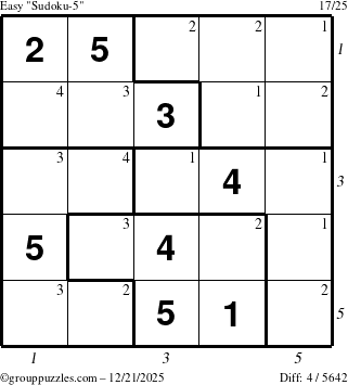 The grouppuzzles.com Easy Sudoku-5 puzzle for Sunday December 21, 2025 with all 4 steps marked