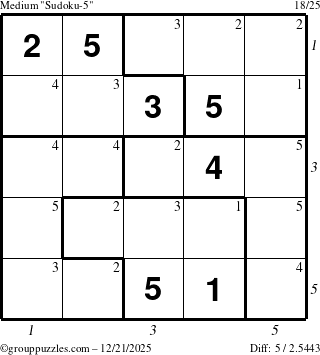The grouppuzzles.com Medium Sudoku-5 puzzle for Sunday December 21, 2025, suitable for printing, with all 5 steps marked