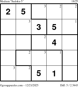 The grouppuzzles.com Medium Sudoku-5 puzzle for Sunday December 21, 2025 with the first 3 steps marked