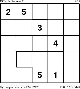 The grouppuzzles.com Difficult Sudoku-5 puzzle for Sunday December 21, 2025