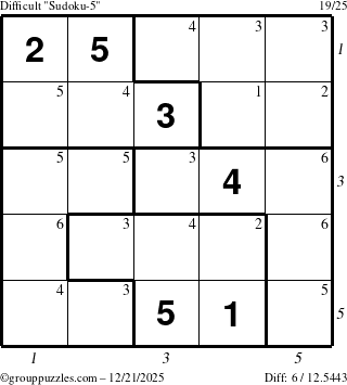 The grouppuzzles.com Difficult Sudoku-5 puzzle for Sunday December 21, 2025, suitable for printing, with all 6 steps marked