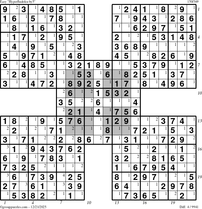 The grouppuzzles.com Easy HyperSudoku-by5 puzzle for Sunday December 21, 2025, suitable for printing, with all 4 steps marked