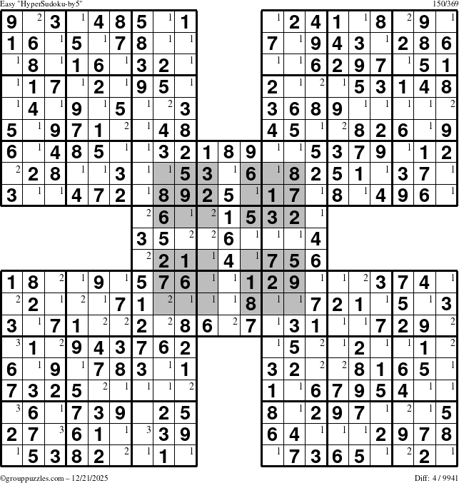 The grouppuzzles.com Easy HyperSudoku-by5 puzzle for Sunday December 21, 2025 with the first 3 steps marked