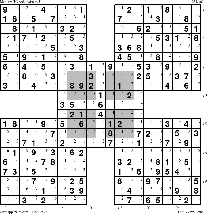 The grouppuzzles.com Medium HyperSudoku-by5 puzzle for Sunday December 21, 2025, suitable for printing, with all 7 steps marked