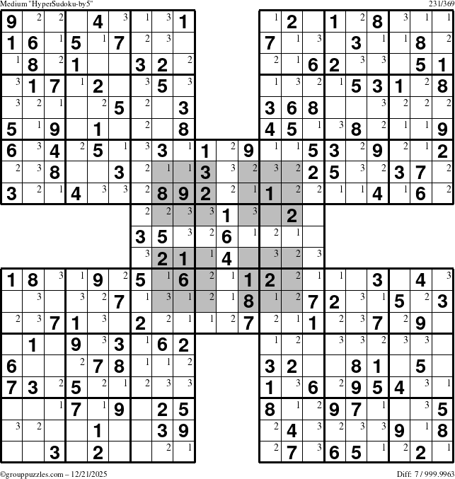 The grouppuzzles.com Medium HyperSudoku-by5 puzzle for Sunday December 21, 2025 with the first 3 steps marked