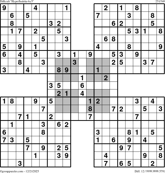 The grouppuzzles.com Difficult HyperSudoku-by5 puzzle for Sunday December 21, 2025