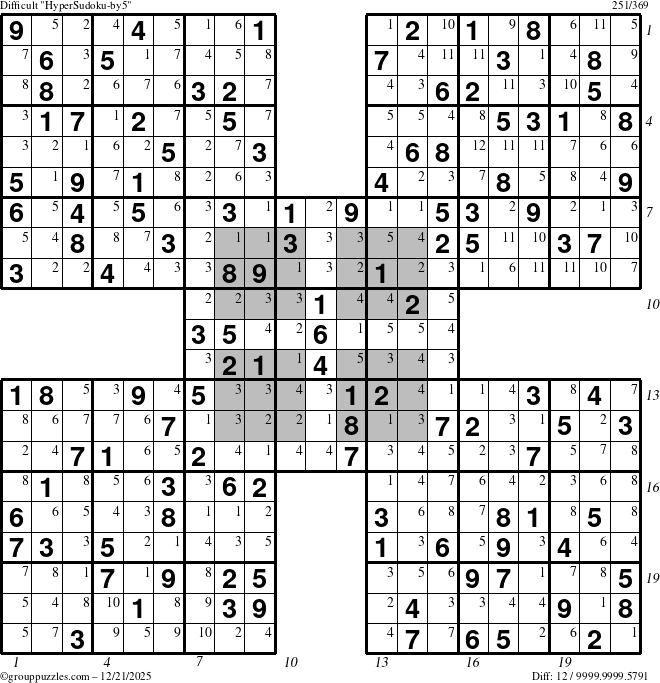 The grouppuzzles.com Difficult HyperSudoku-by5 puzzle for Sunday December 21, 2025, suitable for printing, with all 12 steps marked