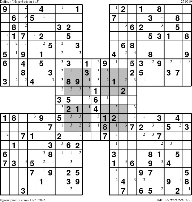 The grouppuzzles.com Difficult HyperSudoku-by5 puzzle for Sunday December 21, 2025 with the first 3 steps marked